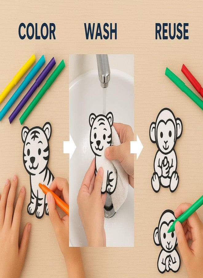 Fun Fry Reusable Coloring Kit for Kids - 12 Sketch Pens | Wipe & Reuse Colouring Sheets | Educational Activity Kit for Age 3-8 | Travel Friendly Learning Toy | Birthday Return Gift for Kids (ANIMALS- lion, quala, elephant, monkey, hippo, tiger ) - Image 3